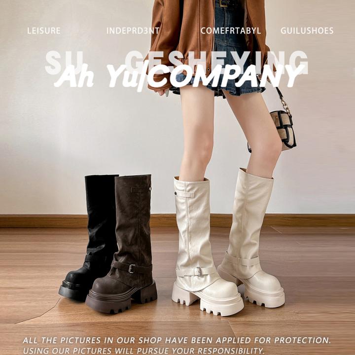 美拉德棕色靴子长筒靴女粗腿高筒骑士靴小个子厚底显瘦裤管堆堆靴