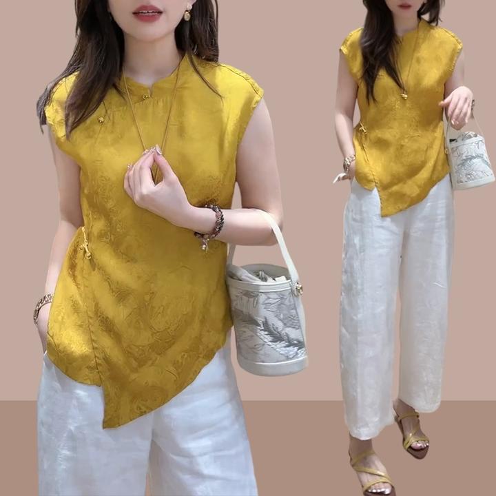 新中式国风气质套装女2025夏季新款圆领无袖上衣显瘦休闲裤两件套