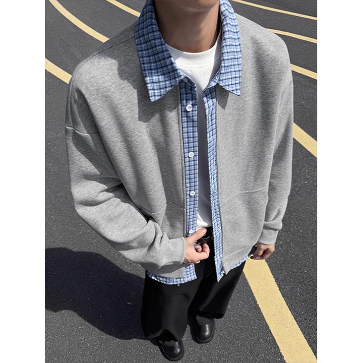 420g重磅假两件拼接卫衣男oversize美式痞帅风外套格子衬衫领夹克
