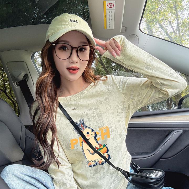 不规则趣味卡通长袖T恤女秋季韩版时尚扎染褶皱设计感网红上衣潮