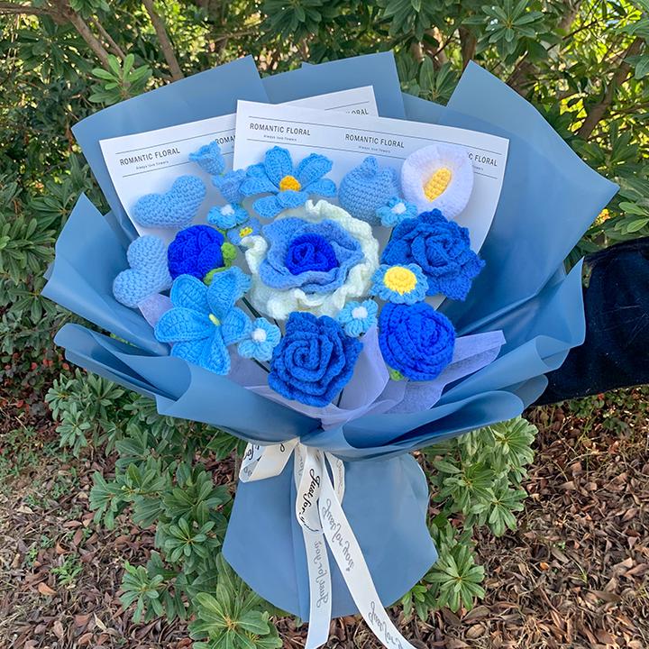 【冰雪幽蓝】创意手工针织毛线花束成品送老公亲友日常生日礼物推荐