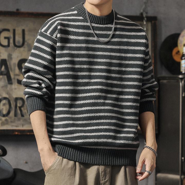 MR.MUDI/穆迪先生高端休闲条纹圆领毛衣男士冬季针织衫简约打底衫