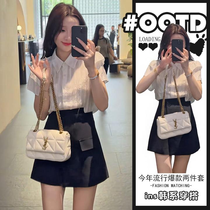 美式别致显气质两件套装女夏季港味polo领短袖衬衫搭配时尚半身裙