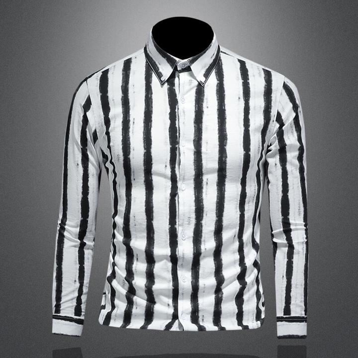 黑白条纹衬衫男士上衣潮2025秋季新款牌欧洲站修身黑白竖条纹衬衣