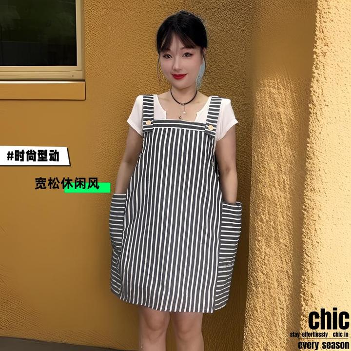 时尚宽松夏天围裙竖条纹小清新薄款厨房围腰家用做饭上班防污定制