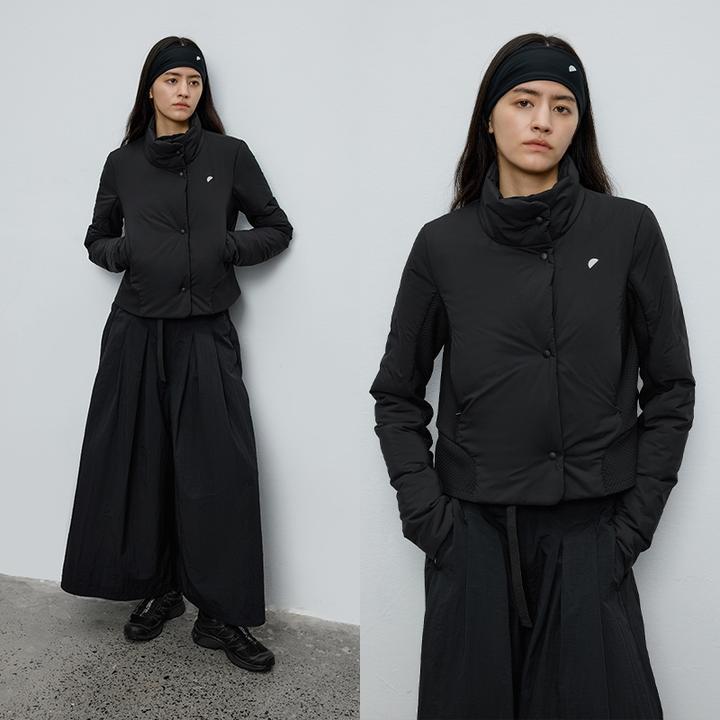 半圆女装[运动]2025秋季黑色拼接网孔立领新雪丽棉服女D52311019