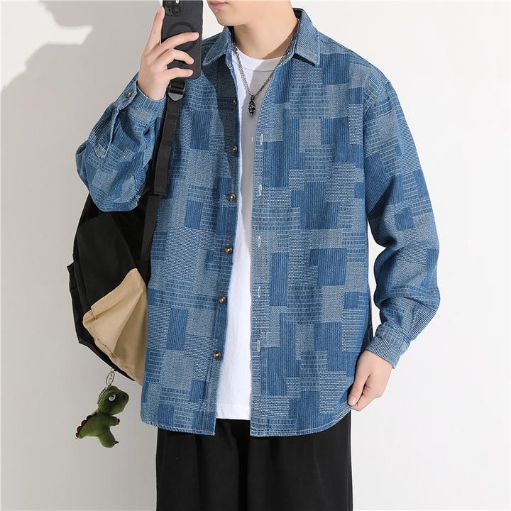 新款衬衫牛仔格子长袖衬衫男港风文艺休闲时尚宽松简约工装衬衫