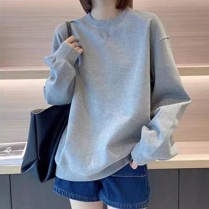 2025新款潮牌经典灰色圆领卫衣女韩系洋气减龄慵懒风上衣加绒外套