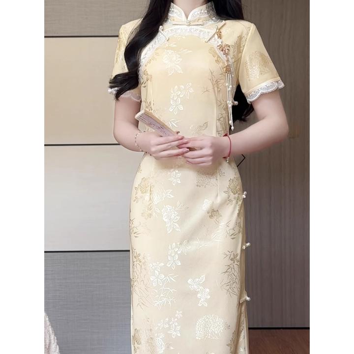 黄色素雅淑女范改良新中式短袖旗袍女2025夏季新款日常国风年轻款