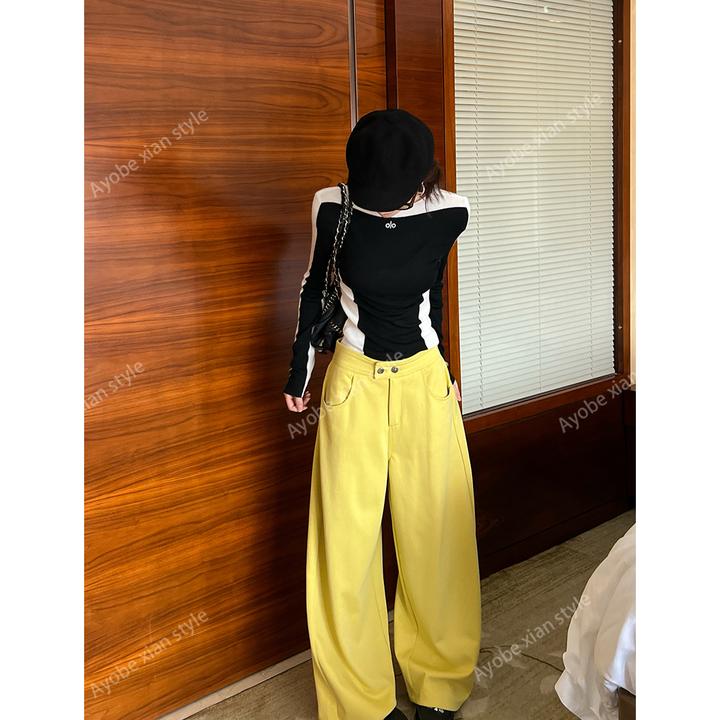 AYOBE小贤/纸舟信  气场十足简约通勤百搭高级气质亮色显瘦阔腿裤