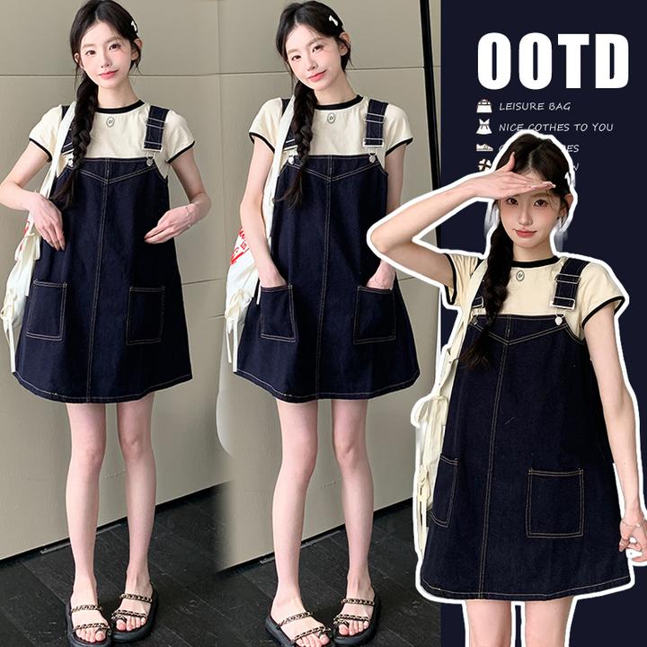 夏季小个子穿搭显腿长牛仔裙+拼接短袖两件套孕妇装百搭洋气