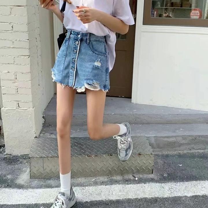 2025破洞牛仔裙女夏季薄款高腰不规则毛边