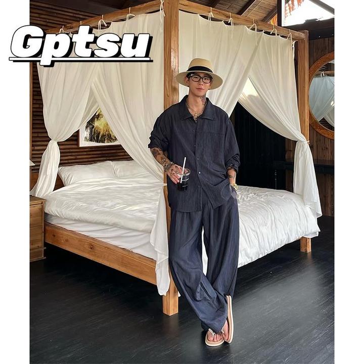 GPTSu老钱风亚麻套装牛仔蓝防晒衬衫男夏季棉麻阔腿长裤子一整套