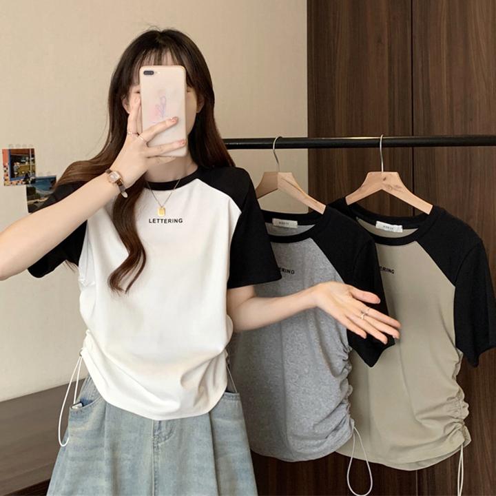 大码夏季圆领印花抽绳短袖恤打底衫胖妹妹遮肚子显瘦正肩上衣女