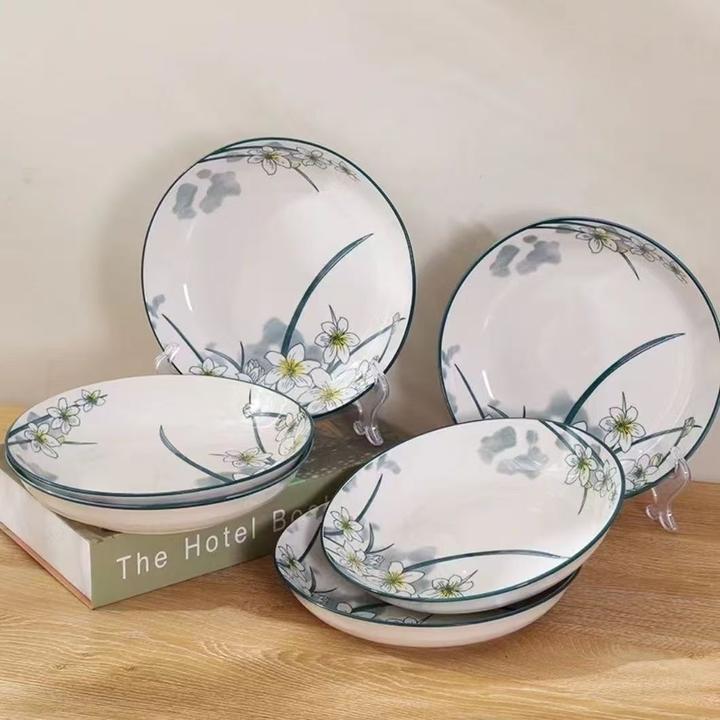 水仙花7英寸盘子10只装陶瓷饭盘高温釉下彩人工手绘耐高温微波炉