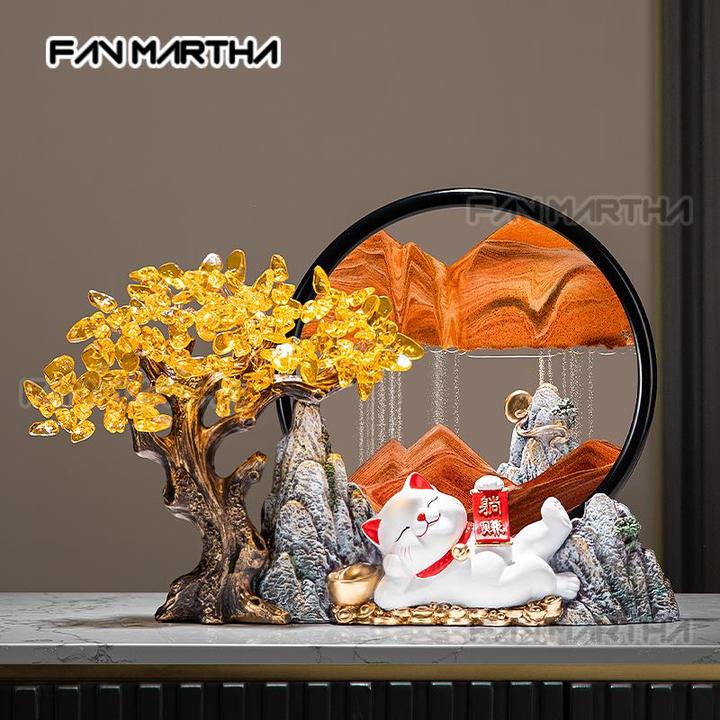 发财树办公室招财摆件招财猫流沙画玄关装饰品乔迁开业礼物高级感