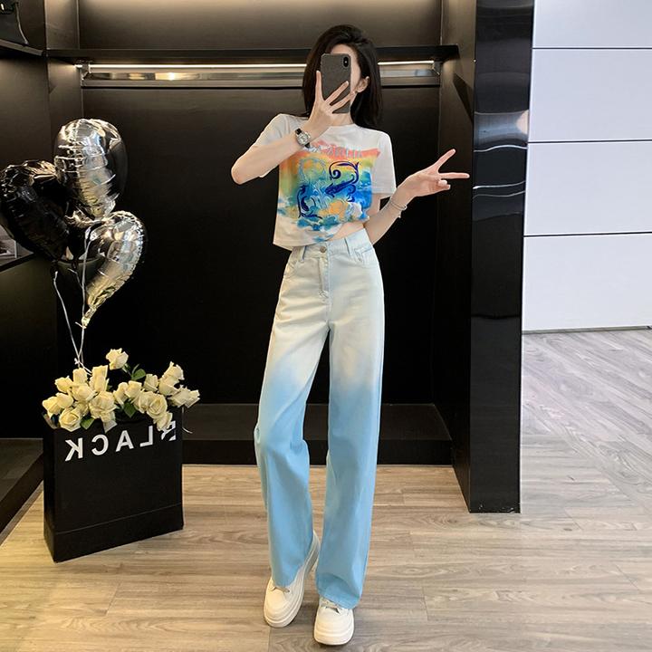 休闲多巴胺潮流女装百搭短袖显瘦气质减龄渐变直筒牛仔裤夏季外穿