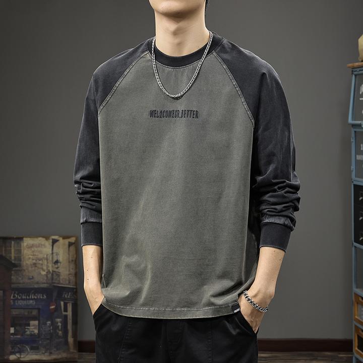 MR.MUDI/穆迪先生美式重磅拼色长袖t恤男士新款秋季纯棉宽松卫衣