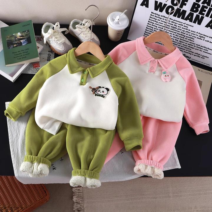 秋冬儿童加绒加厚卫衣套装男童女童撞色洋气翻领卫衣卫裤两件套