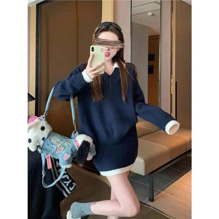 撞色polo领长袖针织上衣毛衣A字短半身裙子学院风两件套装女秋冬