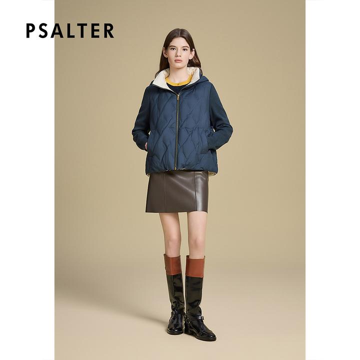 【新国标90鹅绒】诗篇格纹拼接式连帽针织袖假两件鹅绒服2025冬