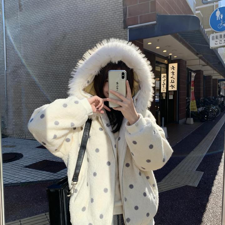 “晚安兔子”波点可拆卸毛领冬季通勤夹棉加厚连帽毛呢卫衣外套女