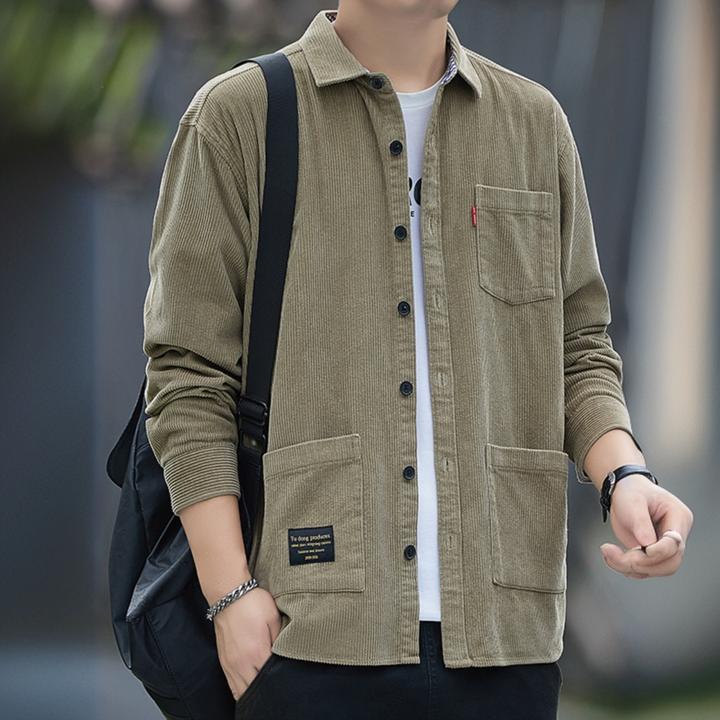 瑟图肖重磅纯棉灯芯绒长袖衬衫男士春秋时尚舒适休闲工装衬衣外套