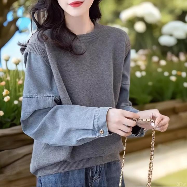 牛仔袖拼接假两件毛衣2025秋冬新款高级感复古慵懒风针织上衣女
