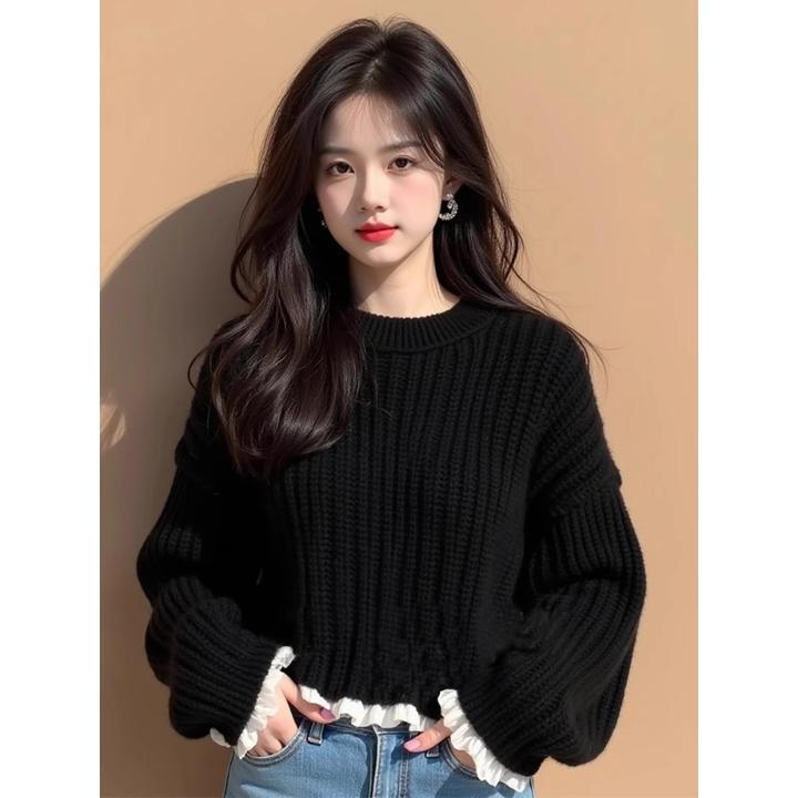 欧货重工黑色花边袖粗线毛衣女2024新款慵懒高级感小个子针织上衣