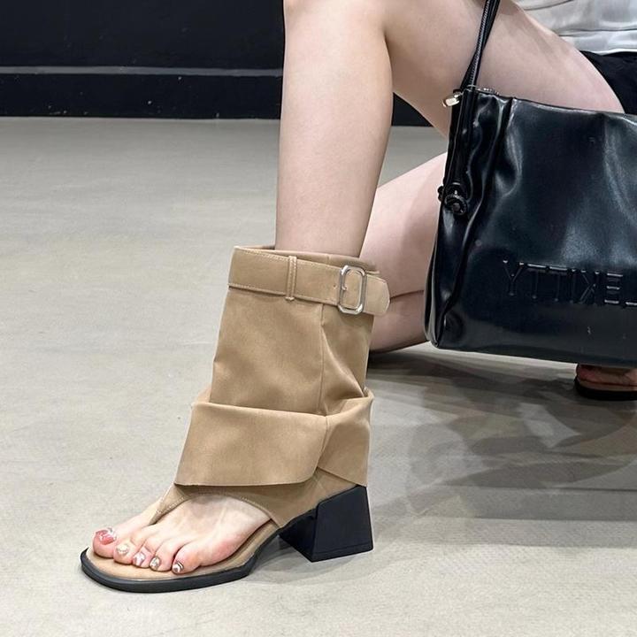 【cufk专柜品质】 欧美方头夹趾粗跟短筒靴女2025夏季皮带扣裤管