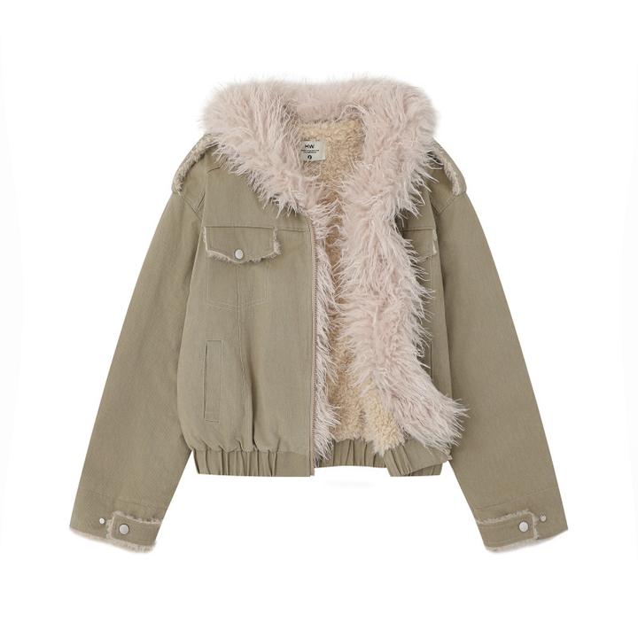 美式复古时尚潮流保暖加绒可拆卸毛领夹克棉服外套短款女装冬棉衣