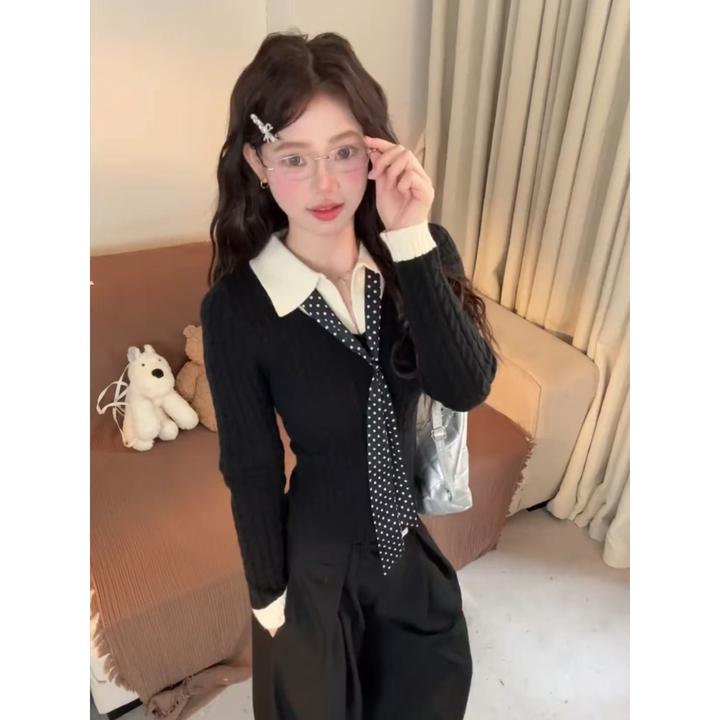韩系黑色高级假两件针织衫女秋冬polo领毛衣内搭修身短款长袖上衣