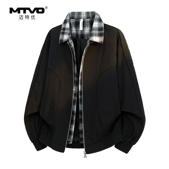 拼接假两件翻领夹克2025年新款秋季男款美式潮牌高街百搭休闲夹克