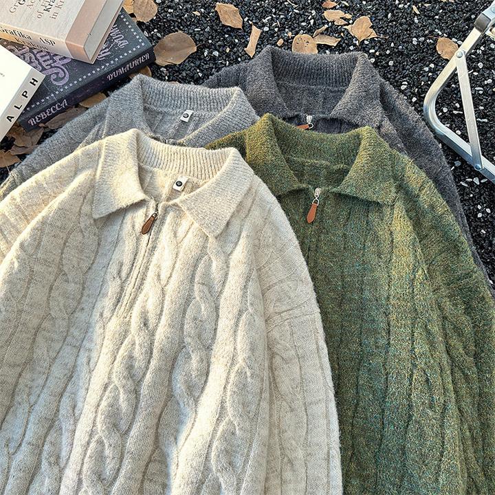 半拉链Polo领毛衣男秋冬季cleanfit慵懒风加厚保暖灰色套头针织衫