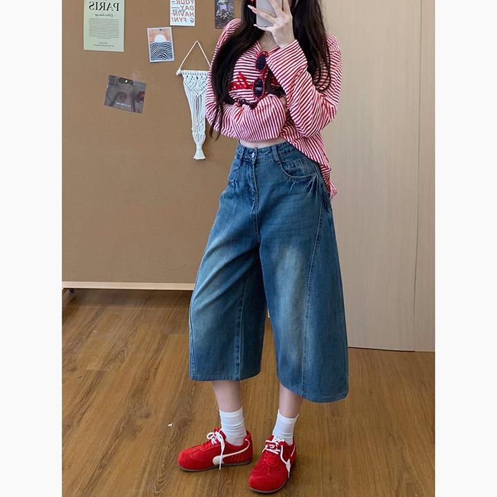 慵懒随性宽松牛仔短裤女2025年冬季新款街头风高腰显瘦休闲七分裤