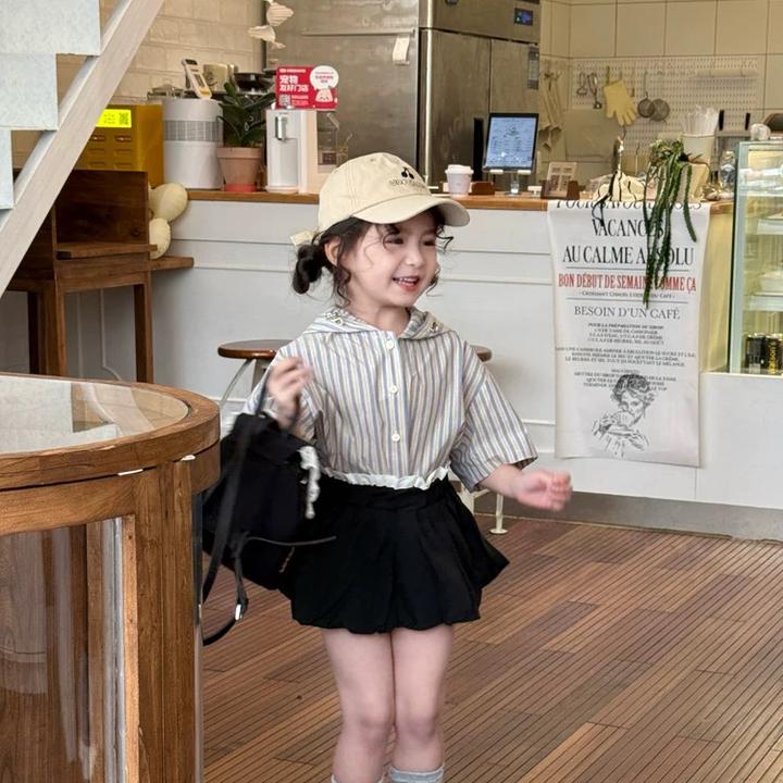 未未家 夏季新款女童幼儿园韩版条纹宽松版短袖衬衫防晒衣女短裙