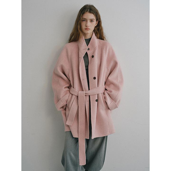 popchrio◆简约立领羊绒羊毛系带双面呢大衣小个子短款毛呢外套女