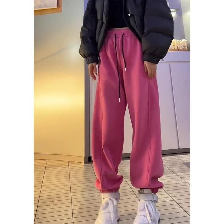 玫粉色加绒裤子女秋冬季2025新款直筒束脚卫裤哈伦裤弯刀裤阔腿裤