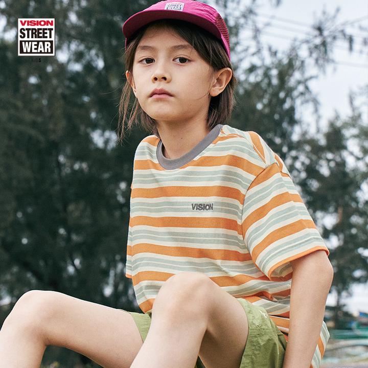 VISION KIDS 短袖T恤撞色条纹休闲半袖印花女童夏季新款童装男童