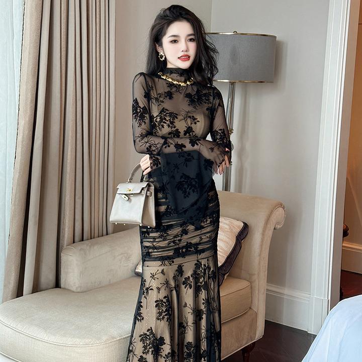 春装新款法式性感织绒包臀气质喇叭袖网纱鱼尾连衣裙女
