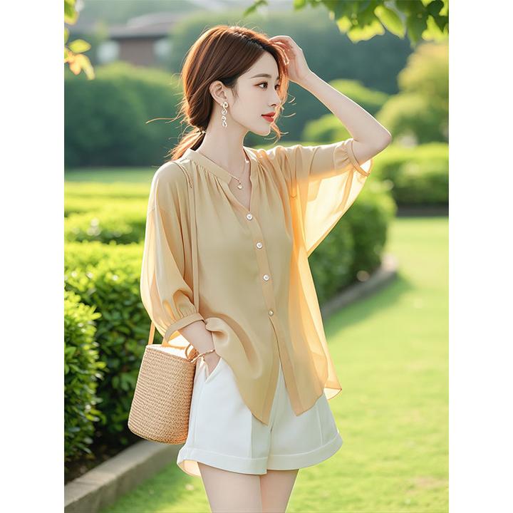 【3410人收藏】独漂亮小衫宽松遮肚子黄色雪纺衬衫女夏仙气飘飘七