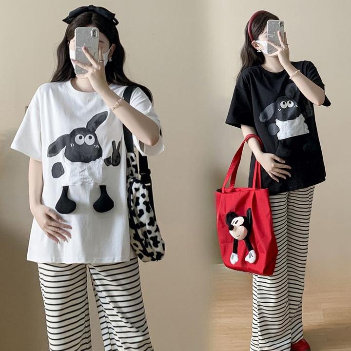 孕妇韩版短袖T恤休闲宽松上衣+抽绳条纹裤子时尚两件套套装