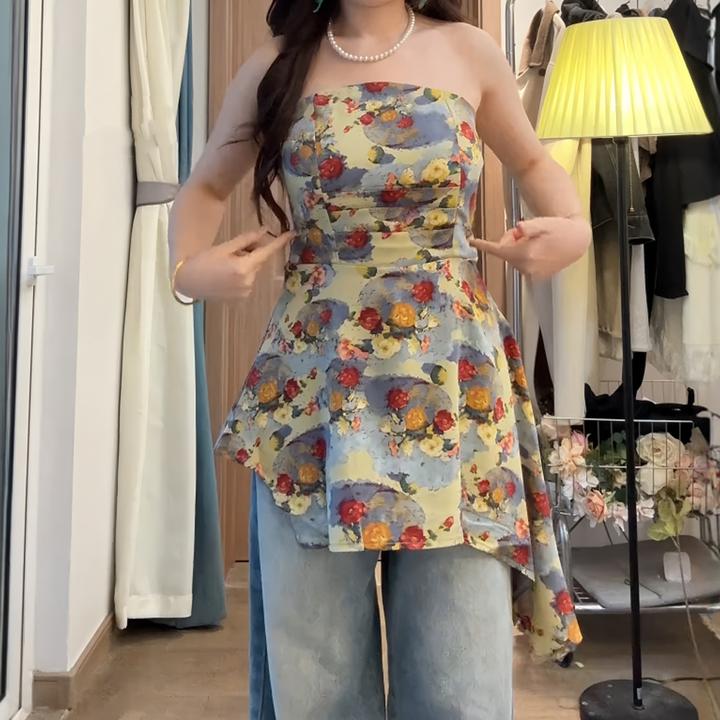 2025夏季修身不规则设计大码女装法式复古油画甜辣抹胸吊带背心