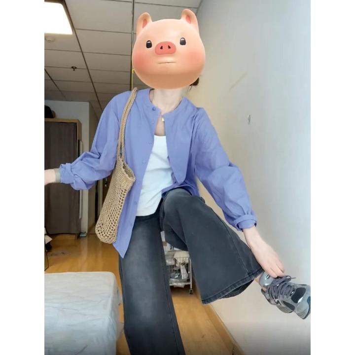 开春蓝色盘扣新中式衬衫女2026新款春秋薄款衬衣法式气质上衣外套