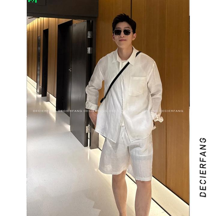 2025夏季新款老钱风亚麻衬衫短裤套装宽松休闲百搭慵懒衬衣男潮流