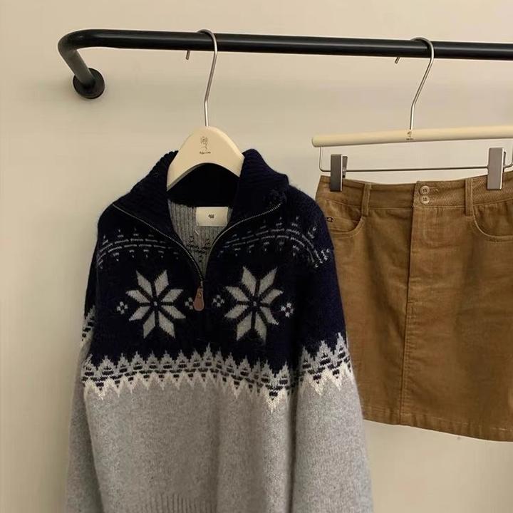 ST-920高级感费尔岛半拉链针织衫女秋冬季慵懒外穿毛衣软糯上衣