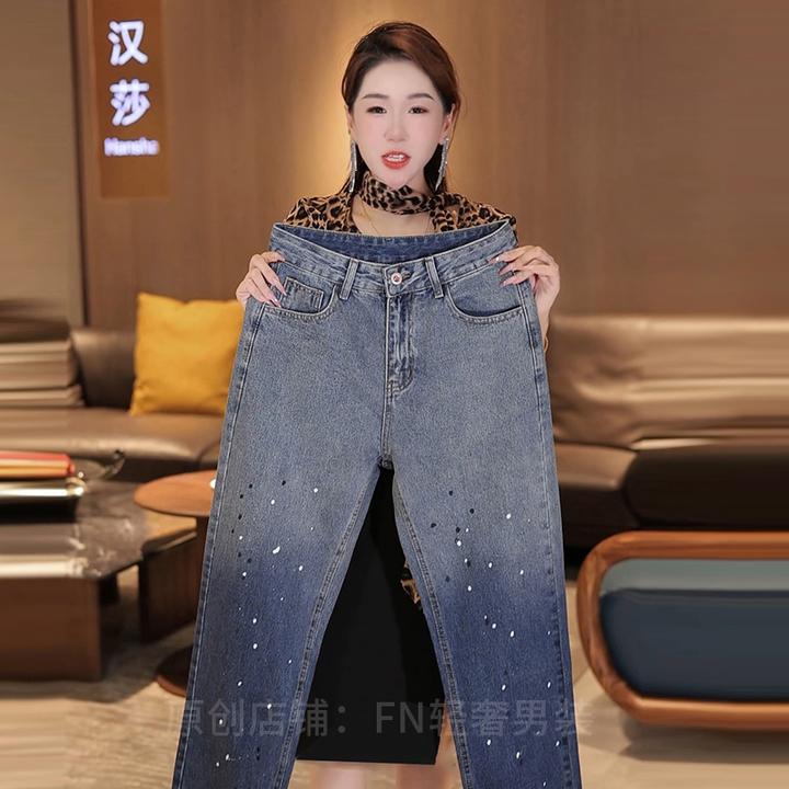2025秋冬新款男士牛仔裤高端美式渐变宽松直筒潮流墨点潮牌长裤子