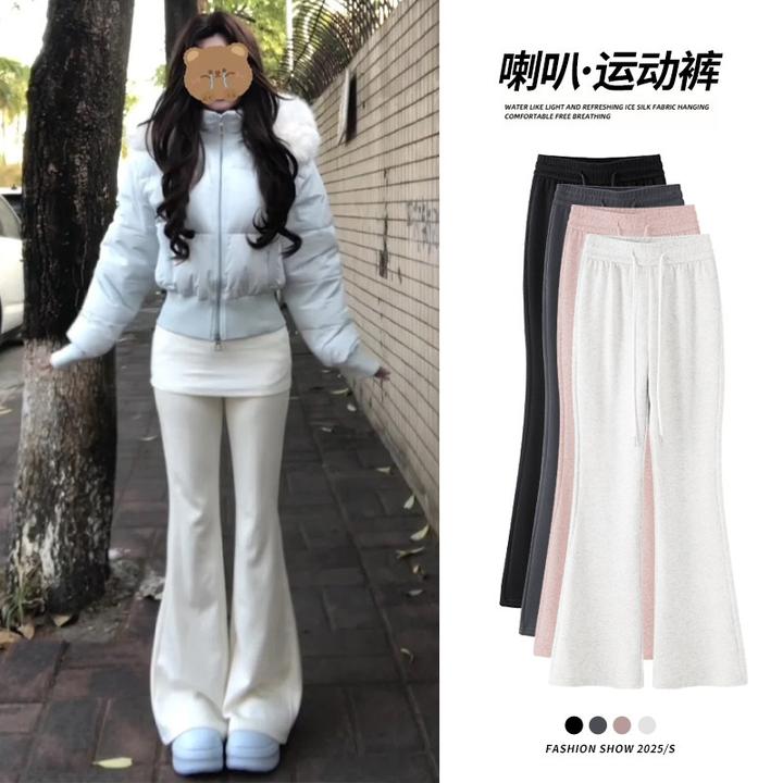 白灰色喇叭运动裤女秋冬2025新款高腰显瘦微喇卫裤小个子加绒裤子