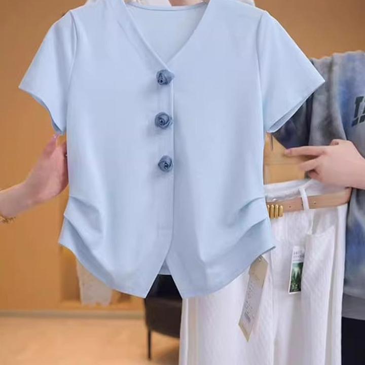 设计感立体花朵漂亮减龄v领短袖t恤2025夏季褶皱收腰显瘦纯色上衣