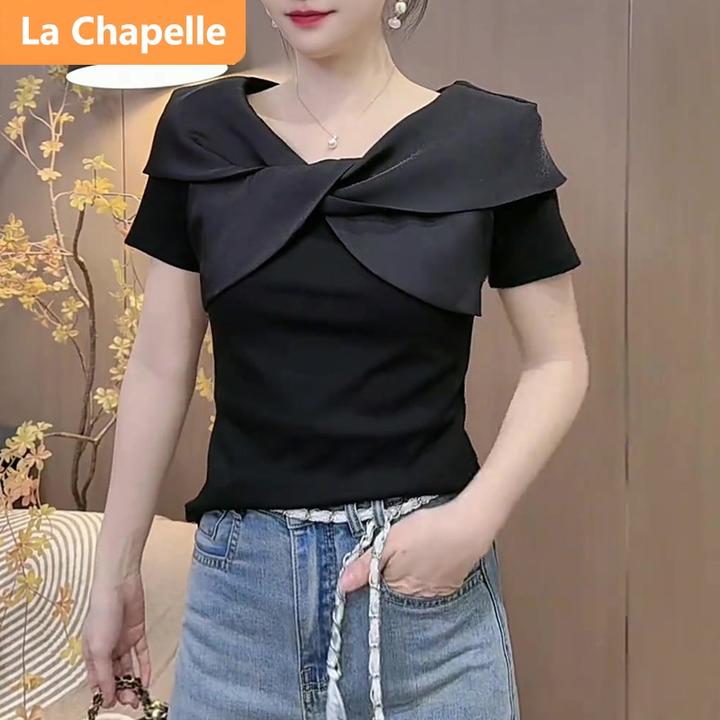 拉夏贝尔蝴蝶结短袖T恤女2025夏季新款韩版时尚拼接洋气百搭上衣